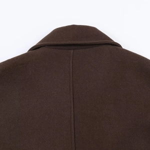 Detailed close-up of stitching and wool texture on dark brown coat collar and back seam