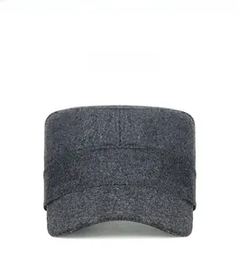 Front view of dark grey wool flat top military cap showing textured felt fabric details