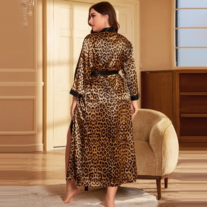 Elegant leopard print satin robe for women with black trim and waist tie detail