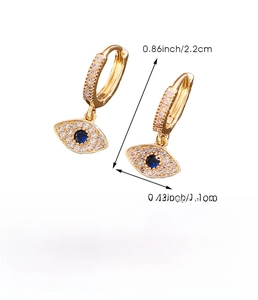 Detailed size and weight specs for gold Evil Eye hoop earrings with blue zircon