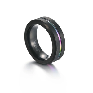Detailed macro view of 8mm black brushed tungsten carbide ring with iridescent center groove
