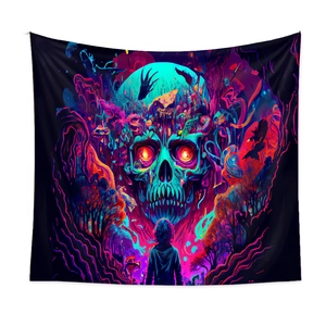 Detail of psychedelic skull tapestry with vibrant fluorescent neon colors for room decor