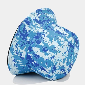 Detail of blue digital camouflage bucket hat showing fabric texture and short brim