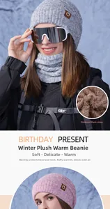 Detail of warm winter knit beanie and neck warmer with thick brown faux fur fleece lining
