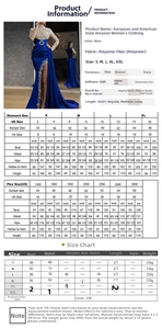 Size guide for blue evening dress with US, EU, and UK measurements in CM and Inches