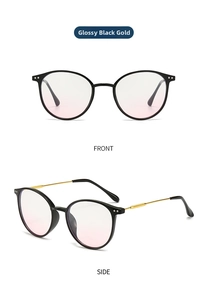 Front and side views of stylish shiny black gold round anti-blue light glasses