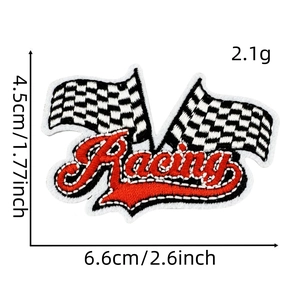 Detailed view of racing flag embroidery patch with dimensions 6.6x4.5cm and Racing text