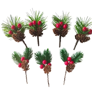 Set of 7 artificial Christmas pine picks with red berries and brown pine cones for DIY decor