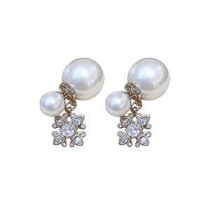 Silver snowflake earrings with double pearls and sparkling zircon in French retro style