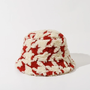 Thick plush houndstooth bucket hat in red and white geometric patterns for autumn