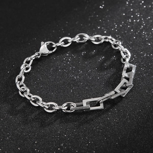 Detail of stainless steel chunky link bracelet with O-chain and rectangle joins