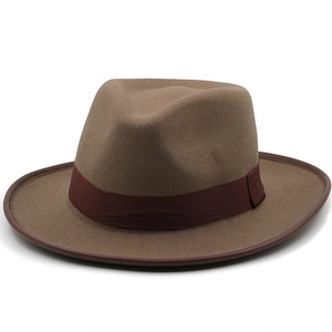Brown wool felt fedora cowboy hat with burgundy ribbon and wide brim edging for unisex