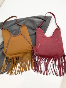 Bohemian Faux Suede Tassel Shoulder Bag for Women Vintage Rivet Tote Bag with Sun Pattern Embossing Crossbody Purse