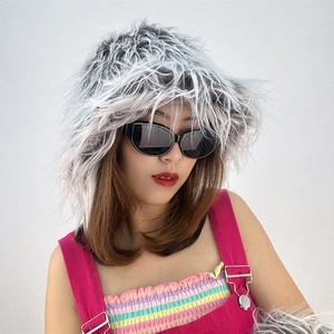 Close-up of the silver grey long faux fur hat texture on a model with street style aesthetic