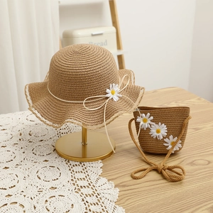 Matching straw hat and crossbody bag set with white daisy flowers for girls and women