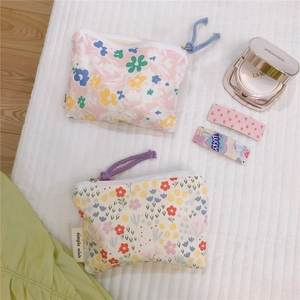 Floral cotton mini storage pouch for lipsticks and earphones with zipper closure