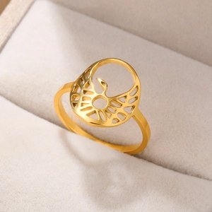 Minimalist 18k gold plated stainless steel ring with hollow bird motif and ray textures