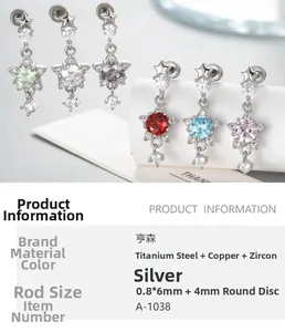 Macro detail of six colorful star-shaped zircon stud earrings with silver titanium steel posts