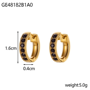 Detail of gold hoop earrings with black zircon row and dimensions 1.6cm by 0.4cm