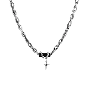 Silver layered Cuban chain necklace with black zircon pendant and silver cross charm