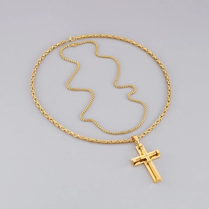 Gold stainless steel cross pendant necklace with box chain and layered pearl chain