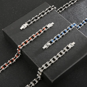 Industrial style stainless steel motorcycle chain bracelet in black red blue and grey