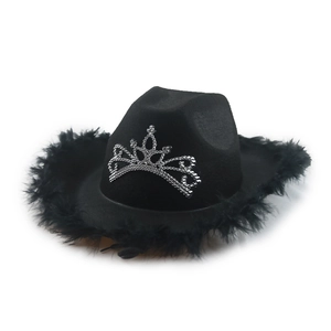 Close-up of black western cowboy hat with silver crown and feathered brim detail