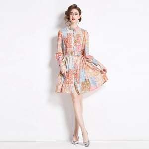 Retro patchwork print long sleeve mini dress with stand collar and waist belt