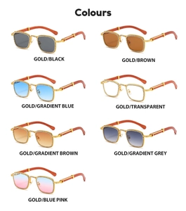 Detail showing various lens colors for diamond square frame sunglasses with wood temples