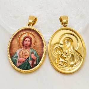 18k gold plated stainless steel oval pendants with Jesus and Virgin Mary icons