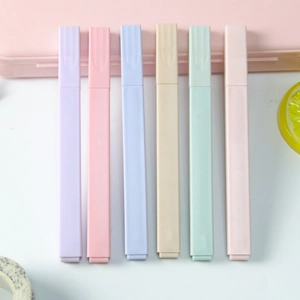 Flat view of six pastel Morandi highlighters in soft purple, pink, and blue hues