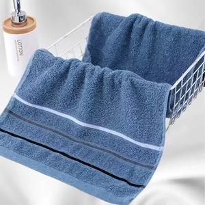 Detail of dark blue cotton towel with stripe texture in a white storage basket