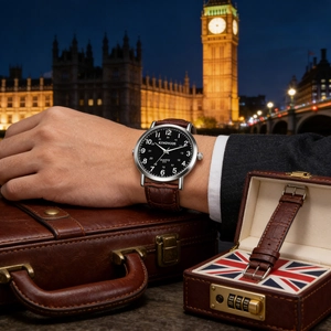 Elegant leather strap watch with black dial and silver case against London cityscape