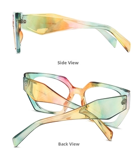 Detail view of transparent gradient sunglasses frame showing rainbow acetate texture
