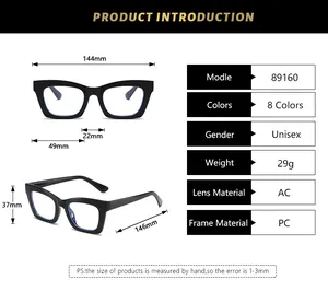 Detailed size specifications for square frame glasses with dimensions and materials