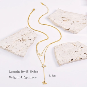 Golden double-layer butterfly pendant necklace specifications with 5.5cm tassel detail