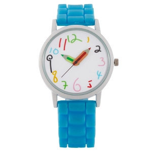 Detailed view of colorful pencil-shaped watch hands and numeric dial on a blue silicone strap