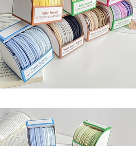 Detail view of multi-color high elasticity candy-colored hair bands in retail boxes