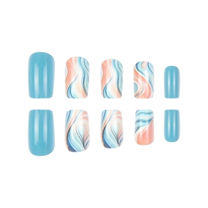 Glossy blue square press-on nails set with orange marble ink artistic pattern