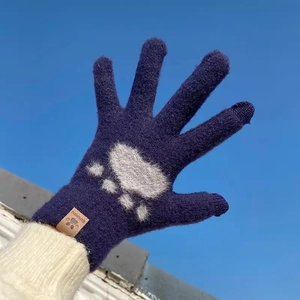 Navy blue winter knitted gloves with gray cat paw prints and touch screen function
