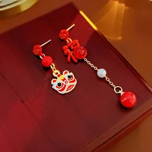 Asymmetric Dangle Earrings With Silver Earring Post Lion Head Fortune Character Heart Imitation Artificial Pearl Chinese Style