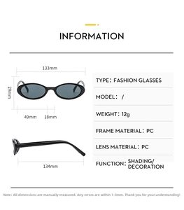 Size chart for oval sunglasses with dimensions, 133mm width and 12g PC frame details