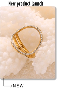 Close-up of 18k gold plated ring with zircons on white coral display for product launch