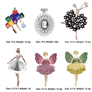 Detailed view of ballet dancer and fairy brooches with dimensions and weight data