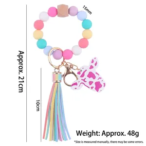 Colorful silicone bead keychain with cow tag, wooden bead and stylish tassel pendant