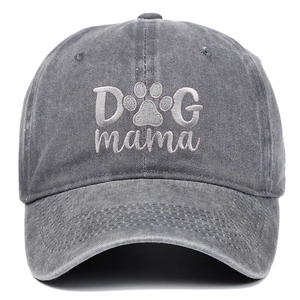 Washed cotton baseball cap in dark grey with white DOG mama embroidery and paw print