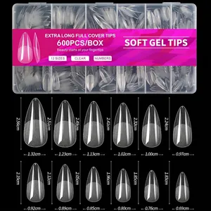 Detailed size chart for extra long soft gel nail tips showing 12 sizes with measurements
