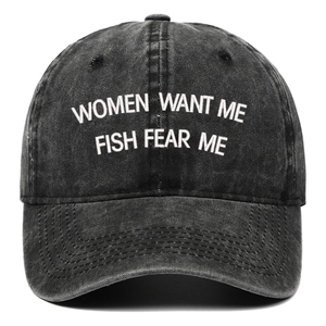 Women Want Me Fish Fear Me Baseball Cap Vintage Washed Cotton Distressed Dad Hat For Men Women Outdoor Fishing Sun Hat Adjustable