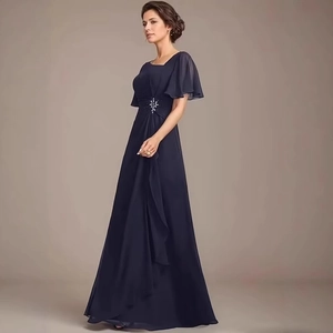Elegant navy blue chiffon evening gown with flutter sleeves and waist embellishment