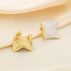 Elegant irregular gold stainless steel square stud earrings with white marble texture